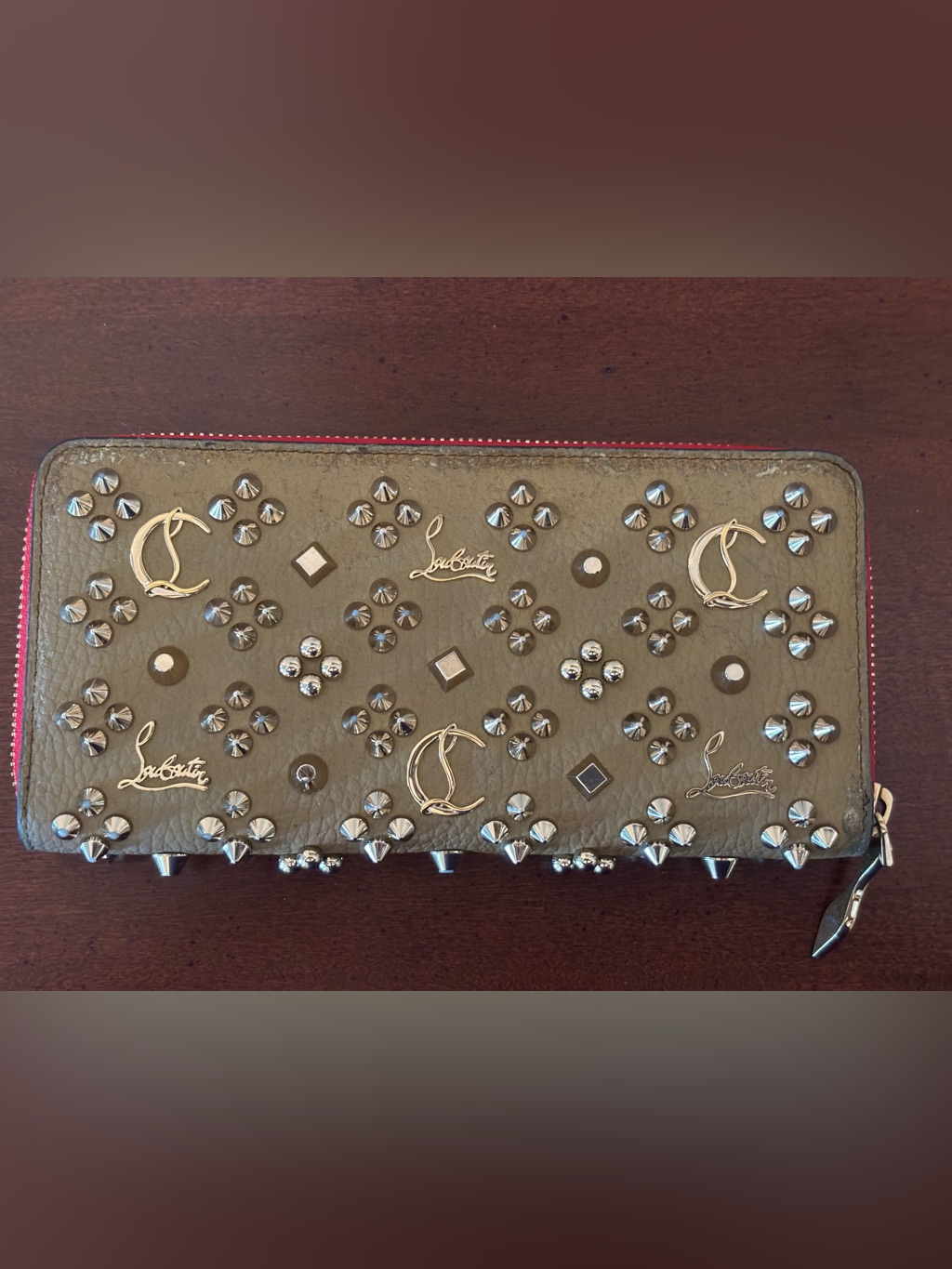 Christian Louboutin Beige With Gold Spikes & Embellishments Zip Around Wallet